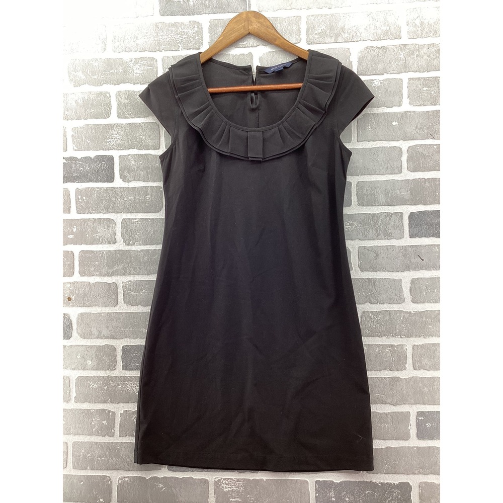 Tommy Hilfiger Black Ruffle Neck Shift Dress Cap Sleeve Ribbon Tie Size 0